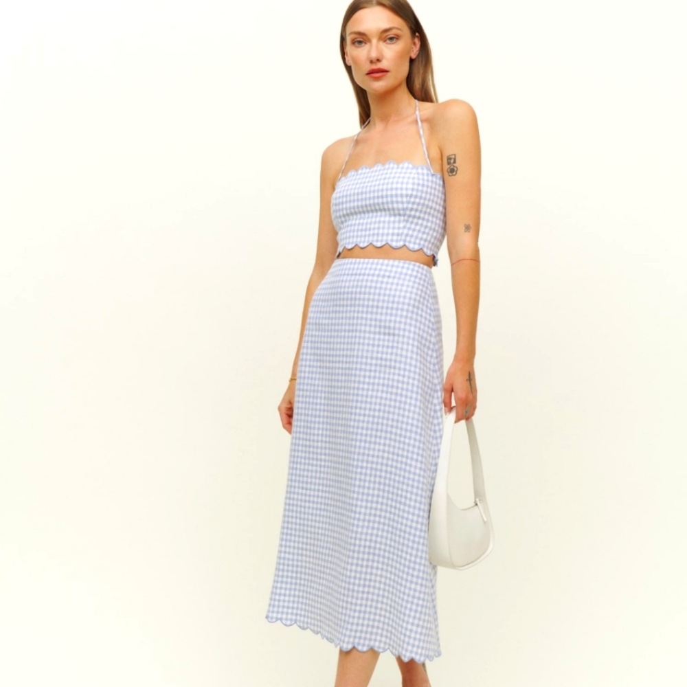 NWOT Yvonne blue gingham scallop edge linen set